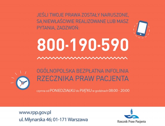 Plakat informacyjny z numerem telefonu do bezpłatnej infolinii Rzecznika Praw Pacjenta